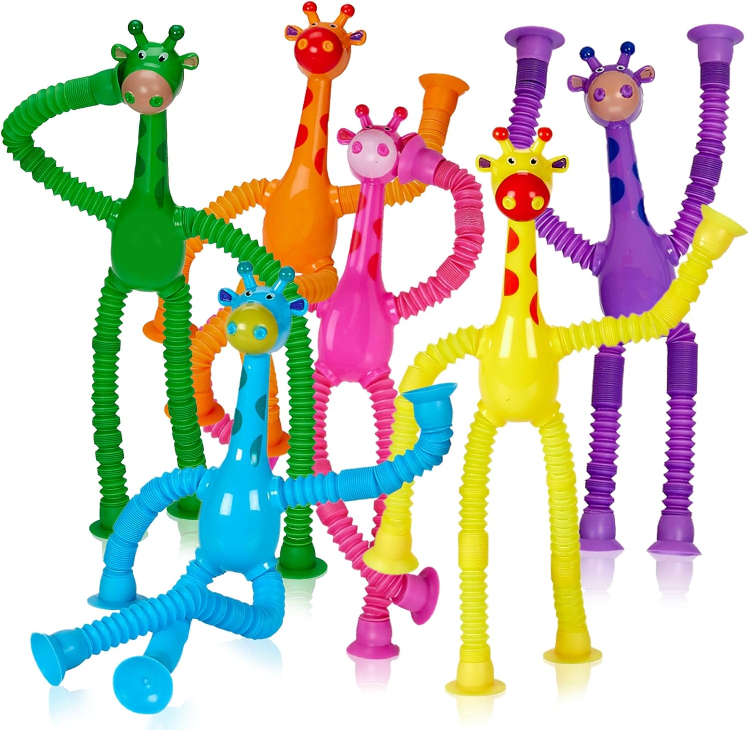 Telescopic Suction Cup Giraffe Toys for Toddler Restaurant Dinner Table Activities, Stretchy Animal Pop Tubes with LED Lights, Telescopic Sensory Toys for Kids with Autism Anxiety Ages 3 4 5 | 6 Pack