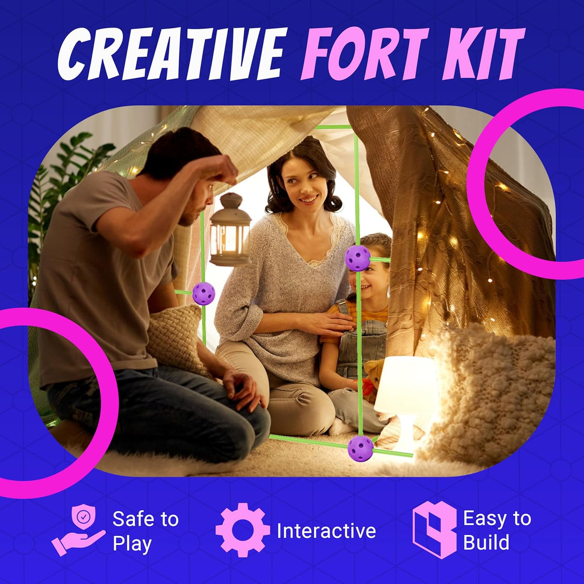 Playbees Fort Building Kit – 140 PCS STEM Toy for Kids Ages 4-12 – Build Tents, Castles & Rockets – Includes Rods, Connectors, 2 Blankets & Flashlight – Creative Building Set & Great Gift