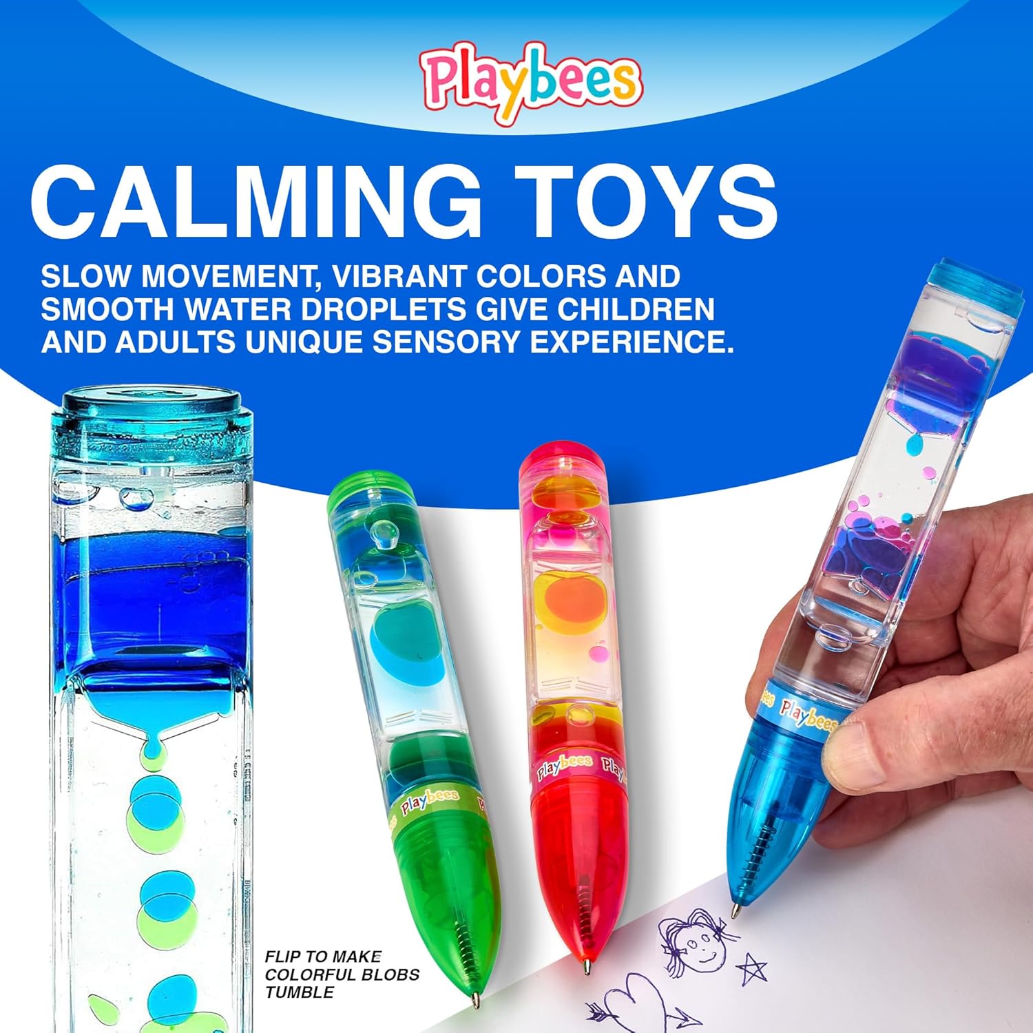 Playbees Liquid Motion Bubbler Pens Cool Pens for Kids (3 Pack) - Writes Like a Regular Pen - Colorful Liquid Timer Pens Great for Stress and Anxiety Relief - Cool Fidget Toys for Kids and Adults