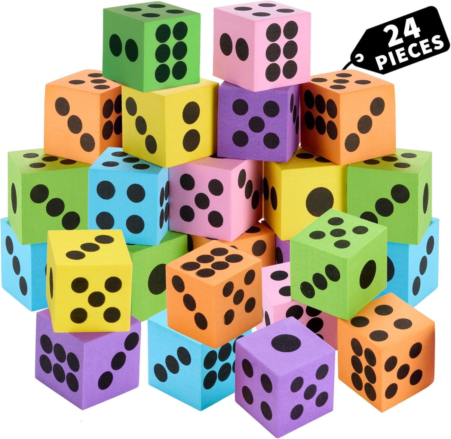 Neon Big Foam Dice Set - 24-Pack, Jumbo, and Colorful Dice for Kids - Ideal for Boosting Math Skills, Great Gifts, and Party Fun