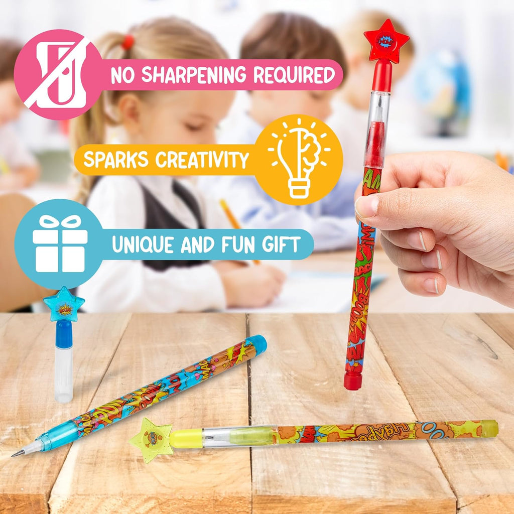 Playbees Superhero Pop Pencils - 24 Pack - Multipoint Pencil Marvel Birthday Party Stackable Pre-Sharpened Classroom Writing Tools for Students, Teachers, Girls, Boys