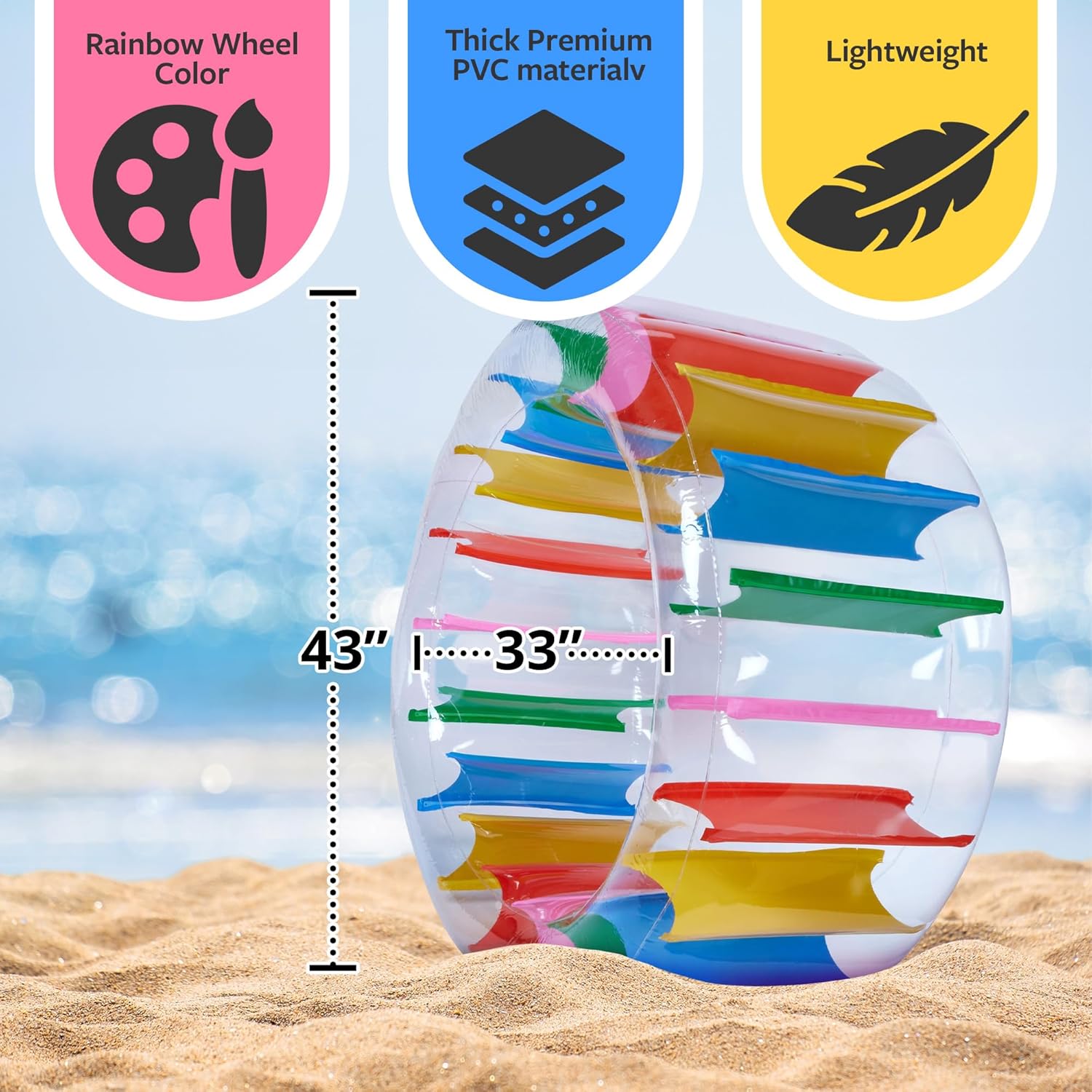 Giant Inflatable Wheel Roller 43" Colorful Water Wheel Swimming Pool Roller Toy Rolling on The Lawn Giant Colorful Pool Toy Water Toy for Beach Human Hamster Wheel Indoor Outdoor Fun Toys