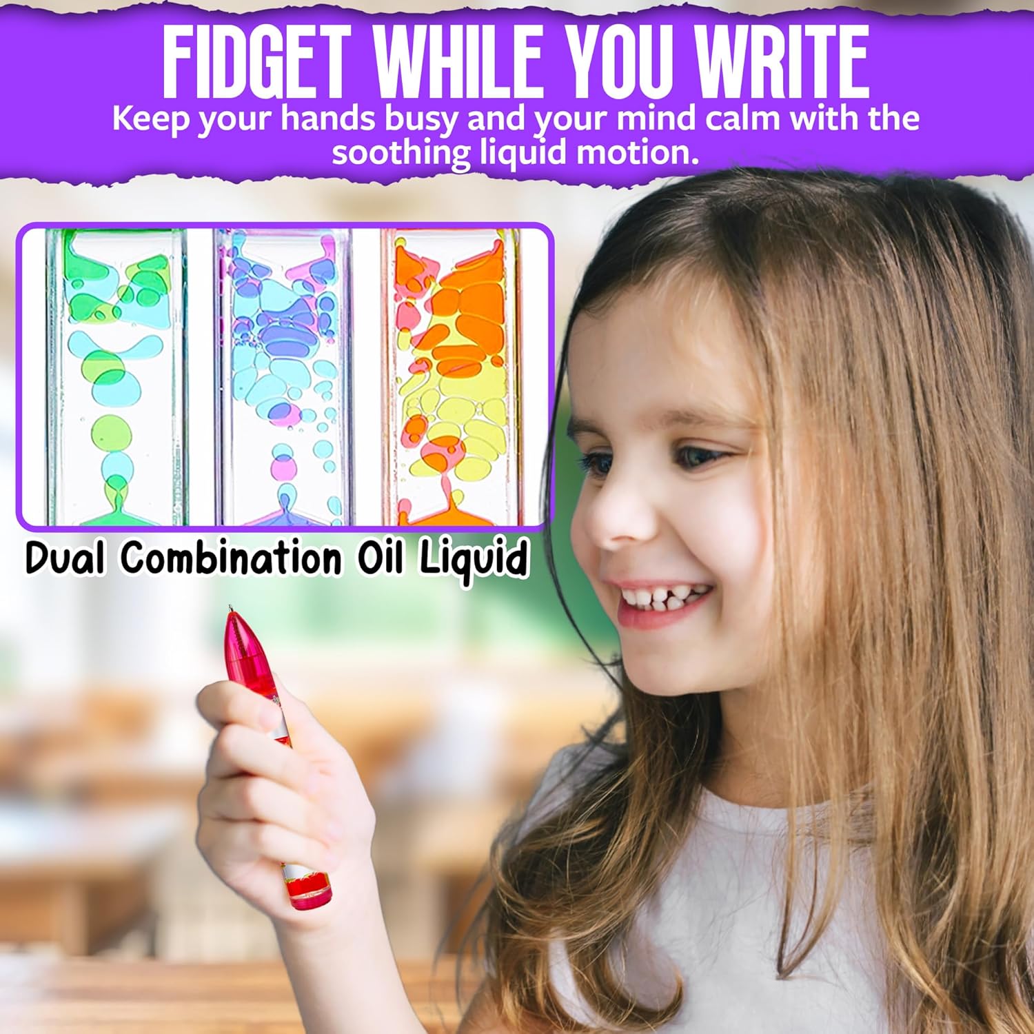 Playbees Liquid Motion Bubbler Pens Cool for Kids (6 Pack) - Writes Like a Regular Pen - Colorful Liquid Timer Pens Great for Stress and Anxiety Relief - Cool Fidget Toys for Kids and Adults