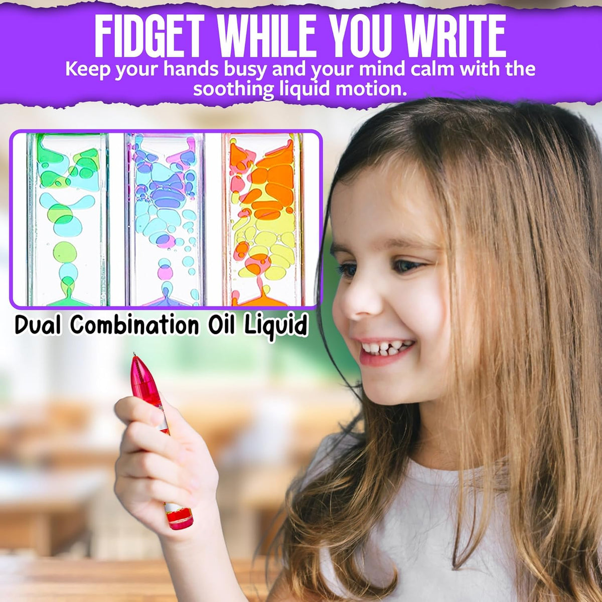 Playbees Liquid Motion Bubbler Pens Cool for Kids (6 Pack) - Writes Like a Regular Pen - Colorful Liquid Timer Pens Great for Stress and Anxiety Relief - Cool Fidget Toys for Kids and Adults