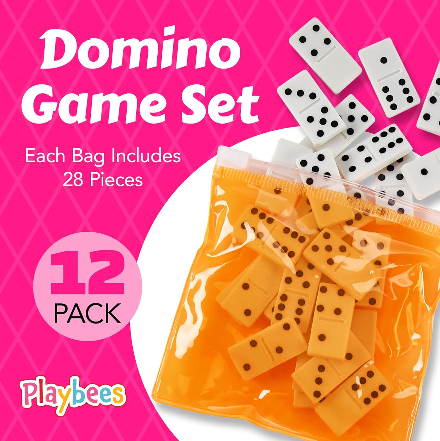 Playbees Domino Game Set Pack of 12 Each Bag includes 28 Pieces of Dominoes Set Comes with Colorful Bags Neon Pink Yellow Green and Orange - Awesome Party Favor, Educational Toys Adults & Teens