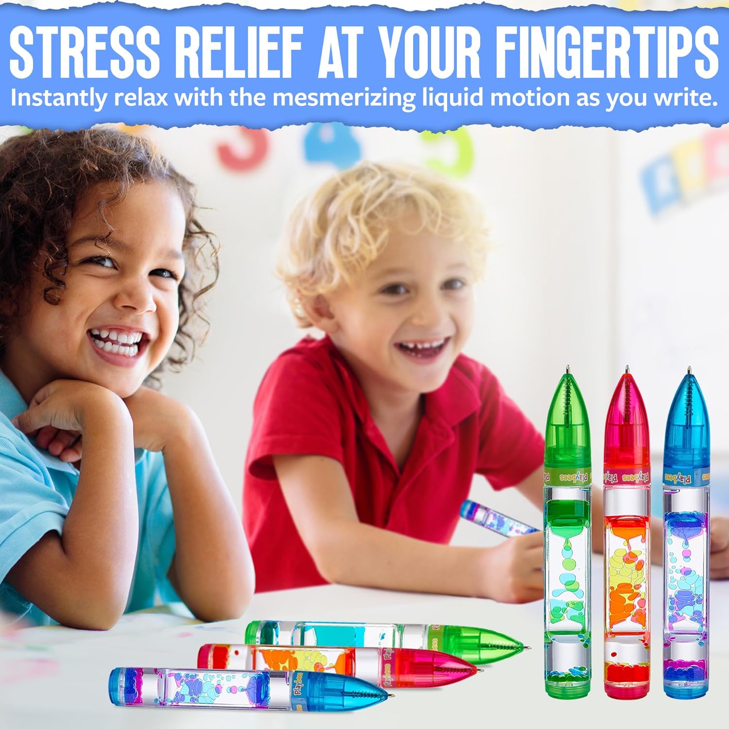 Playbees Liquid Motion Bubbler Pens Cool for Kids (6 Pack) - Writes Like a Regular Pen - Colorful Liquid Timer Pens Great for Stress and Anxiety Relief - Cool Fidget Toys for Kids and Adults