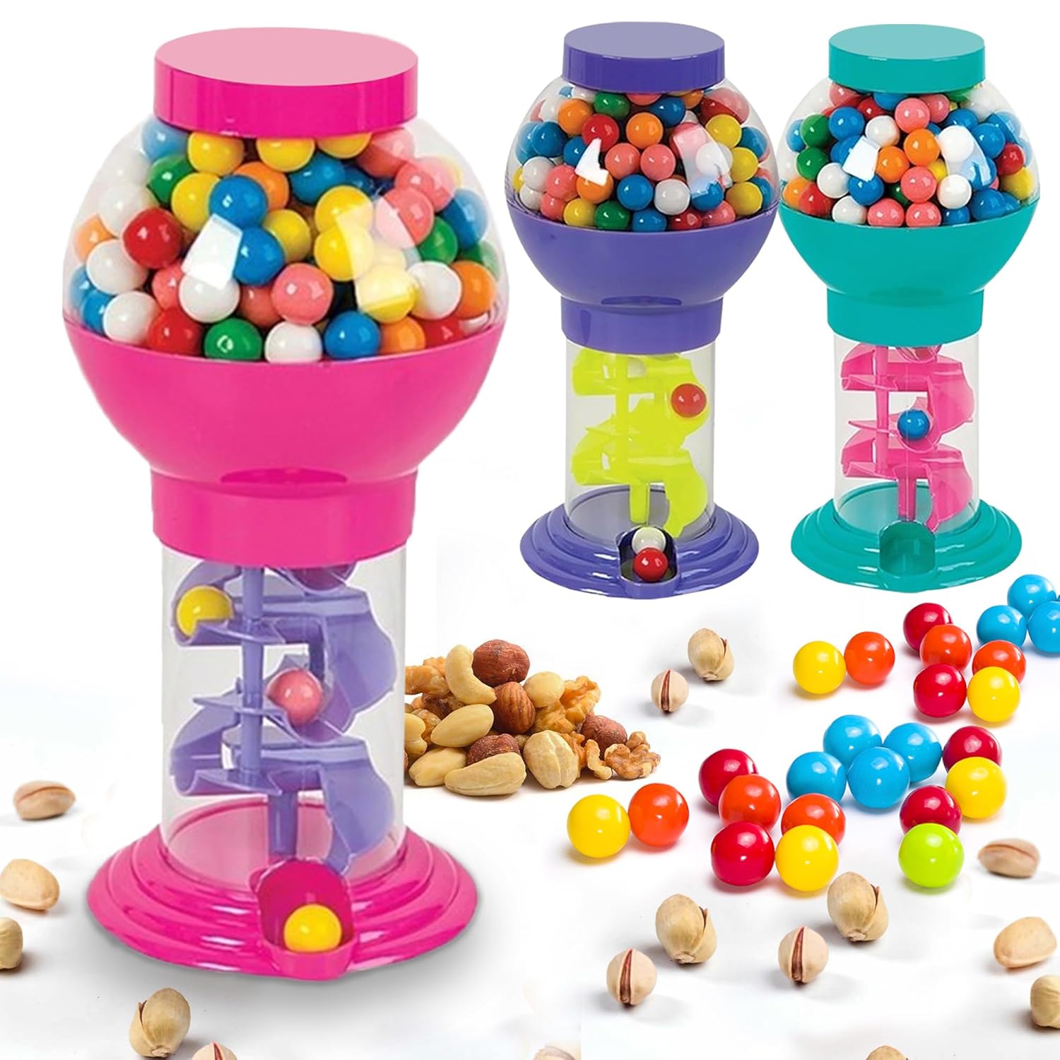 Playbees 10-Inch Candy Dispenser – Gumball Machine with Twist Release – Color Varies Green Purple or Pink – Retro Candy Holder for Home, Office & Party Use
