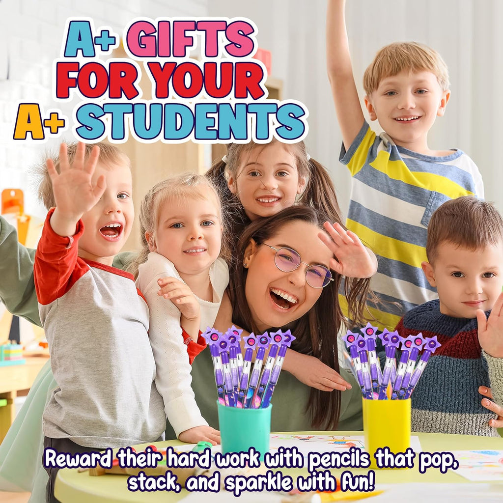 Playbees Outer Space Pop Pencils - 24 Pack - Multipoint Pencil NASA Birthday Party Stackable Pre-Sharpened Classroom Writing Tools for Students, Teachers, Girls, Boys