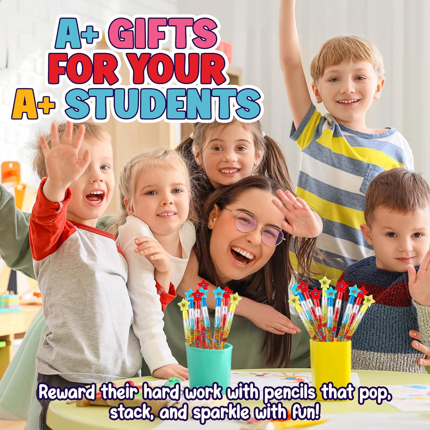 Playbees Superhero Pop Pencils - 24 Pack - Multipoint Pencil Marvel Birthday Party Stackable Pre-Sharpened Classroom Writing Tools for Students, Teachers, Girls, Boys