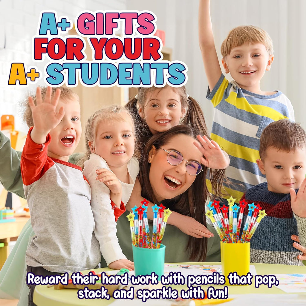 Playbees Superhero Pop Pencils - 24 Pack - Multipoint Pencil Marvel Birthday Party Stackable Pre-Sharpened Classroom Writing Tools for Students, Teachers, Girls, Boys