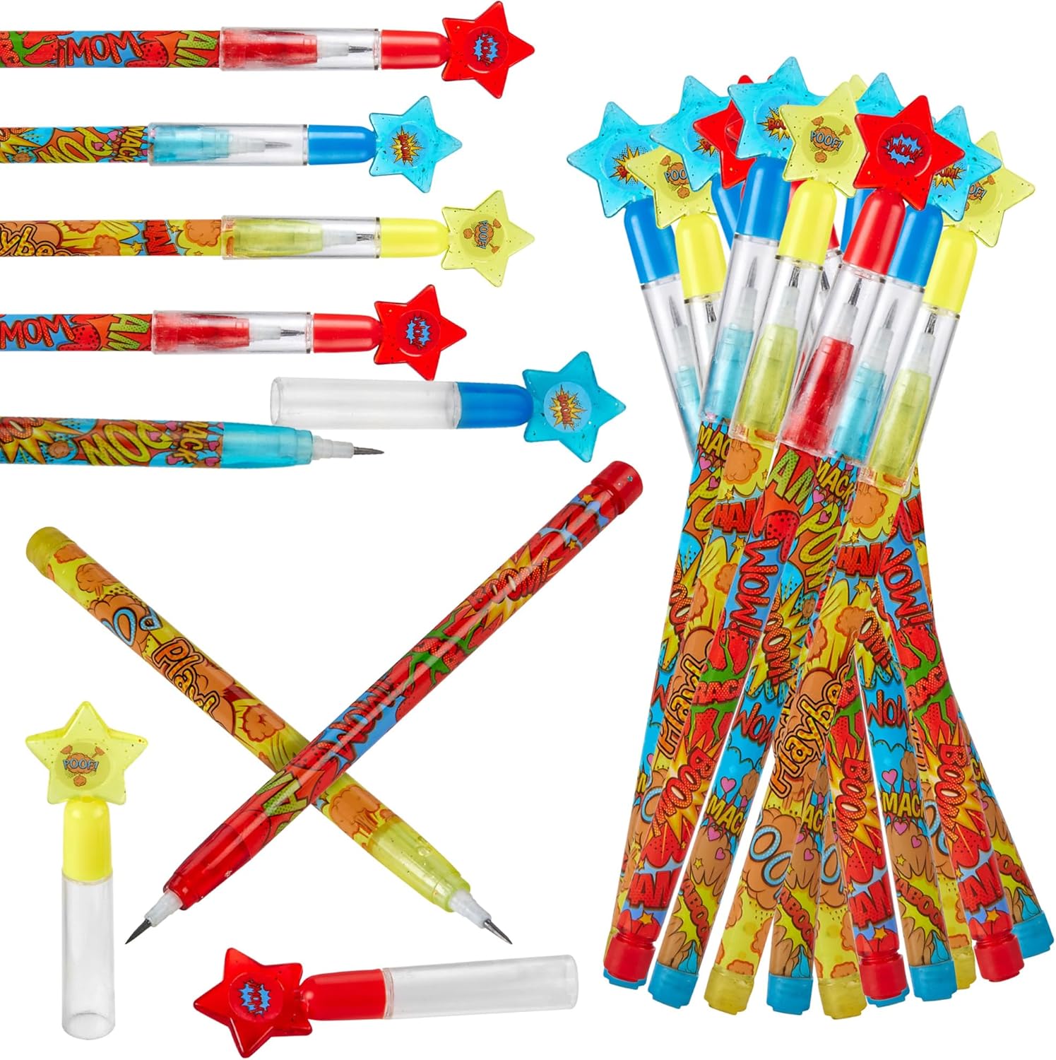Playbees Superhero Pop Pencils - 24 Pack - Multipoint Pencil Marvel Birthday Party Stackable Pre-Sharpened Classroom Writing Tools for Students, Teachers, Girls, Boys