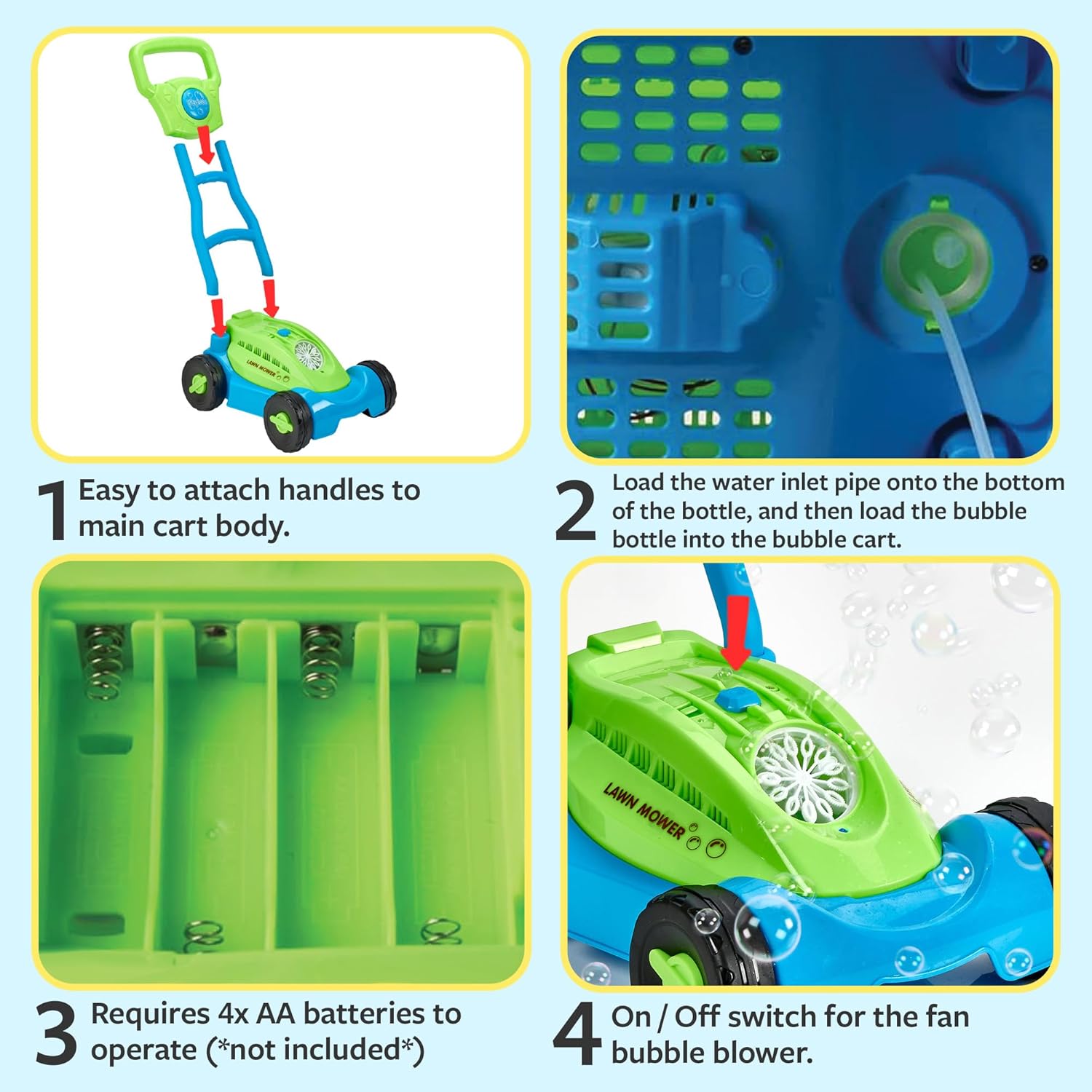 Blue/Green Playbees Bubble Lawn Mower for Toddlers1-3 Great boy Kids Push Summer Outside Garden Toy with Bubbles Amazing Toy for Summer Great Gift idea for Birthday or Preschool & Summer Gift