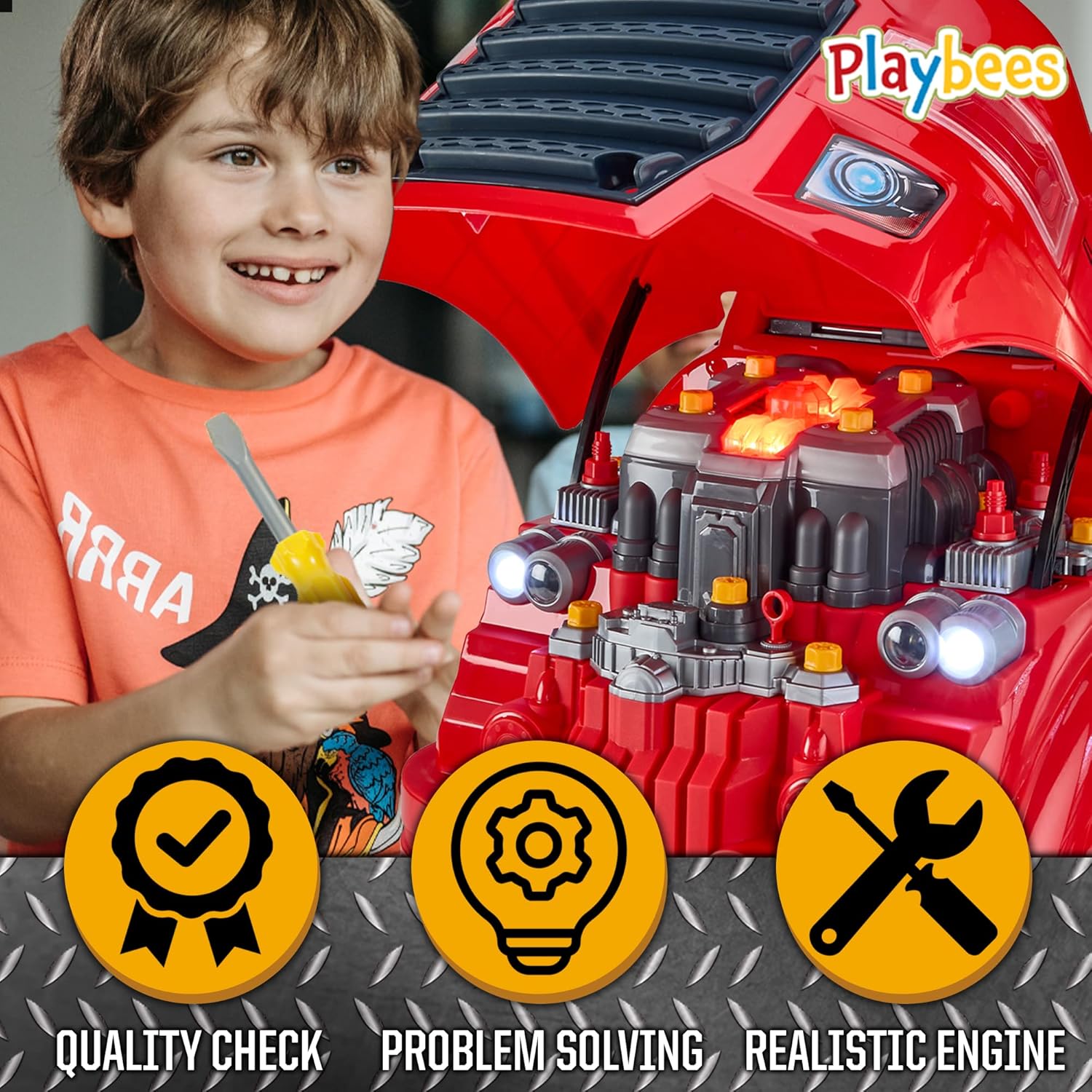 Playbees Large Red Truck Engine Repair Toy – Kids Mechanic Repair Set with Tools, Lights & Sounds – Interactive Take-Apart Engine Builder Truck, Great (Copy)