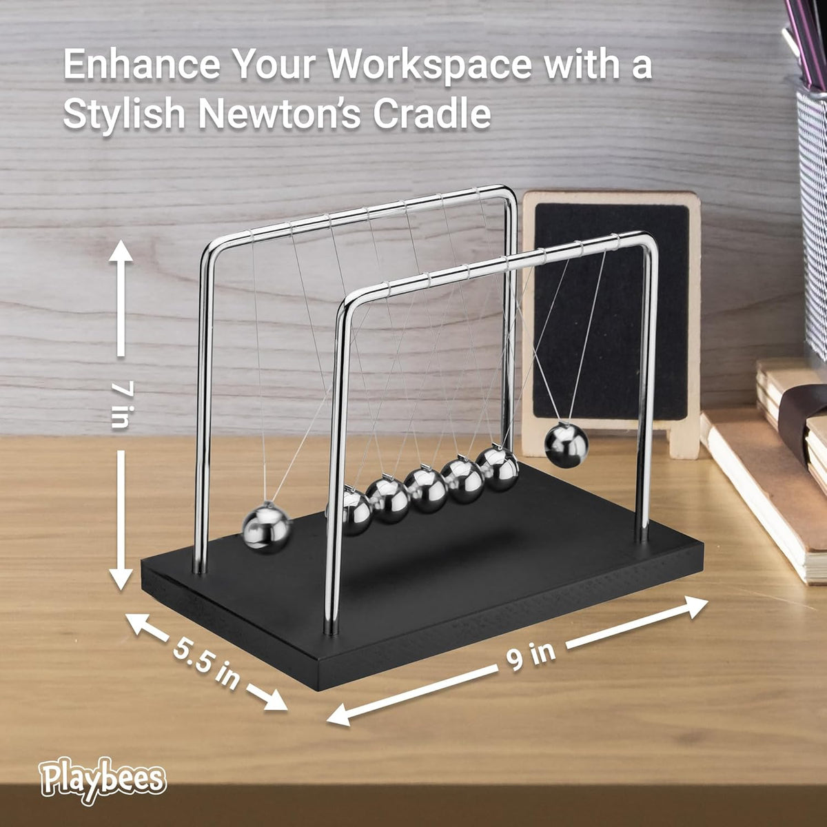 7 Beads Newton’s Cradle Balance Balls Desk Toy – Black Wooden Base Office Decoration, Fun Science Physics Toy for Home, Bedroom, or Living Room, Great Gift for Christmas