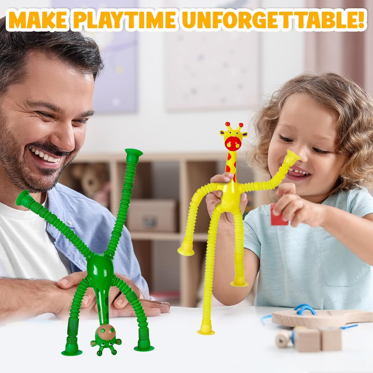 Telescopic Suction Cup Giraffe Toys for Toddler Restaurant Dinner Table Activities, Stretchy Animal Pop Tubes with LED Lights, Telescopic Sensory Toys for Kids with Autism Anxiety Ages 3 4 5 | 6 Pack