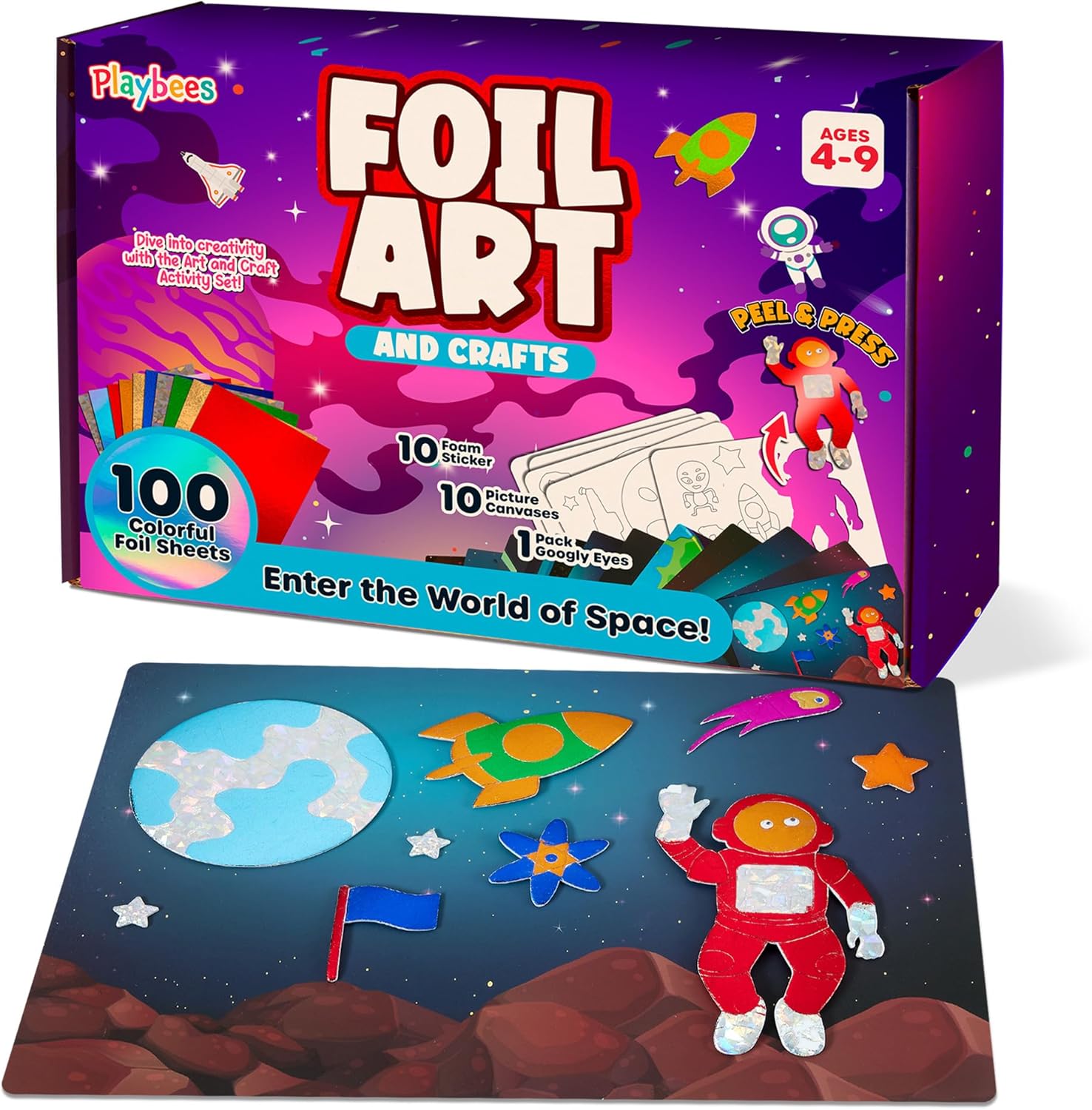 Playbees Foil Art Kit Outer Space - Preschool Arts and Crafts Kit for Kids- No Mess Art for Boys & Girls Ages 4, 5, 6, 7, 8, 9 Years Old - DIY Creative Activity - Art & Craft Activity