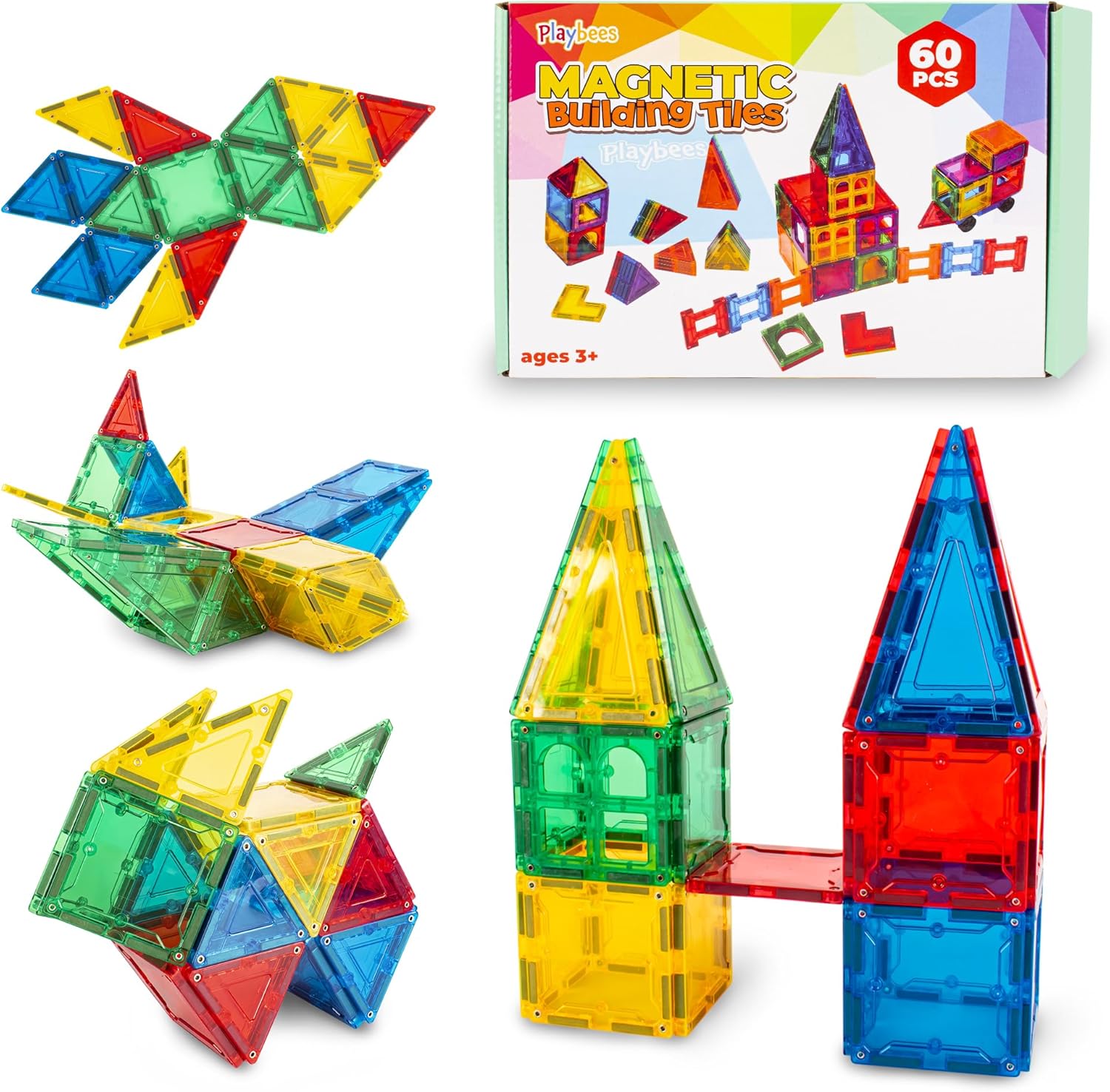 Magnetic Tiles Kids Magnet Building Blocks for Todllers Boys Girls Age 3-5 Preschool STEM Toys Sensory Creative Learning Montessori Building Toys Classroom Construction Pretend Play - 60 Piece