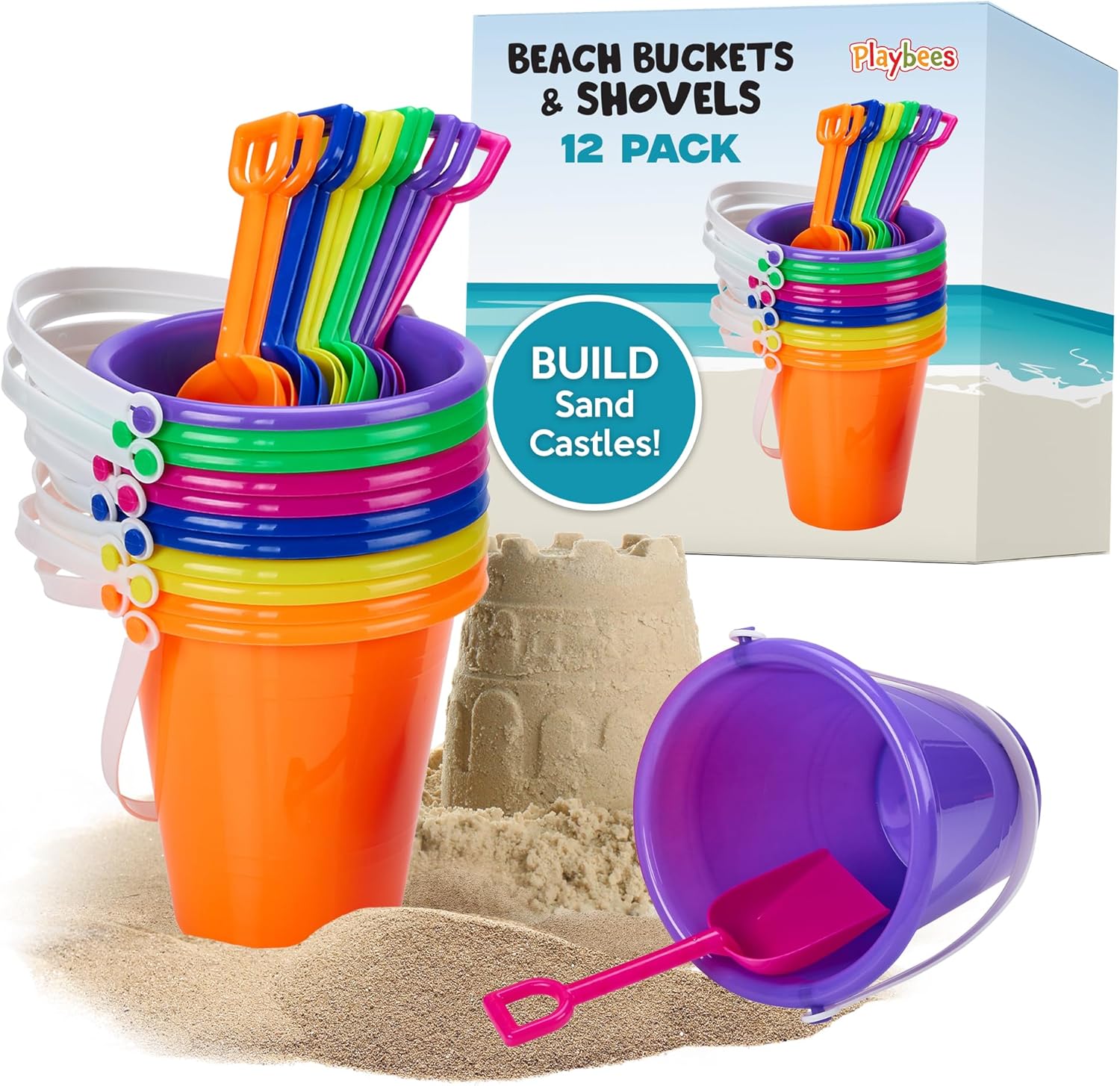 Beach Pail and Shovel Toy Set for Toddler 1-3 Includes 6.75 Inch Colorful Plastic Beach Buckets and Shovels for Sand Castle Building, Party Favors Decoration for Boys Girls Sandbox Toys (12 Pack)