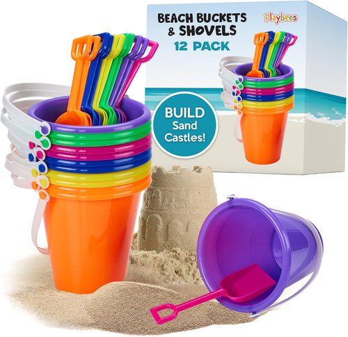Beach Pail and Shovel Toy Set for Toddler 1-3 Includes 6.75 Inch Colorful Plastic Beach Buckets and Shovels for Sand Castle Building, Party Favors Decoration for Boys Girls Sandbox Toys (12 Pack)