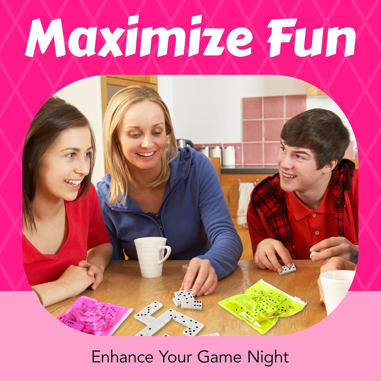 Playbees Domino Game Set Pack of 12 Each Bag includes 28 Pieces of Dominoes Set Comes with Colorful Bags Neon Pink Yellow Green and Orange - Awesome Party Favor, Educational Toys Adults & Teens