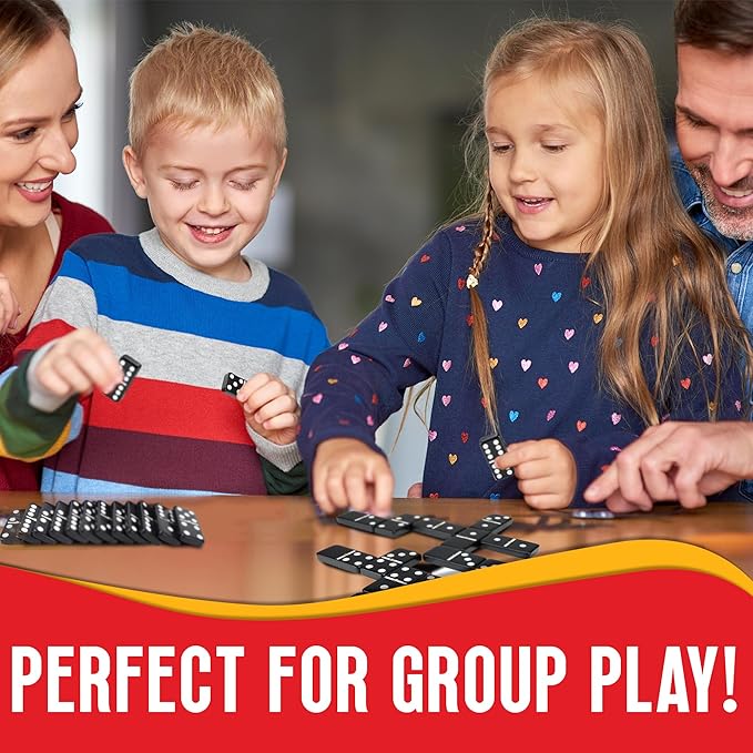 Playbees Jumbo Double Six Dominoes Set - 28 Black Classic Tiles in Faux Leather Case - Fun Educational Toy for Kids, Boys, Girls, Classroom Kit, Classic Game Night Party Favors Set, Travel-Friendly