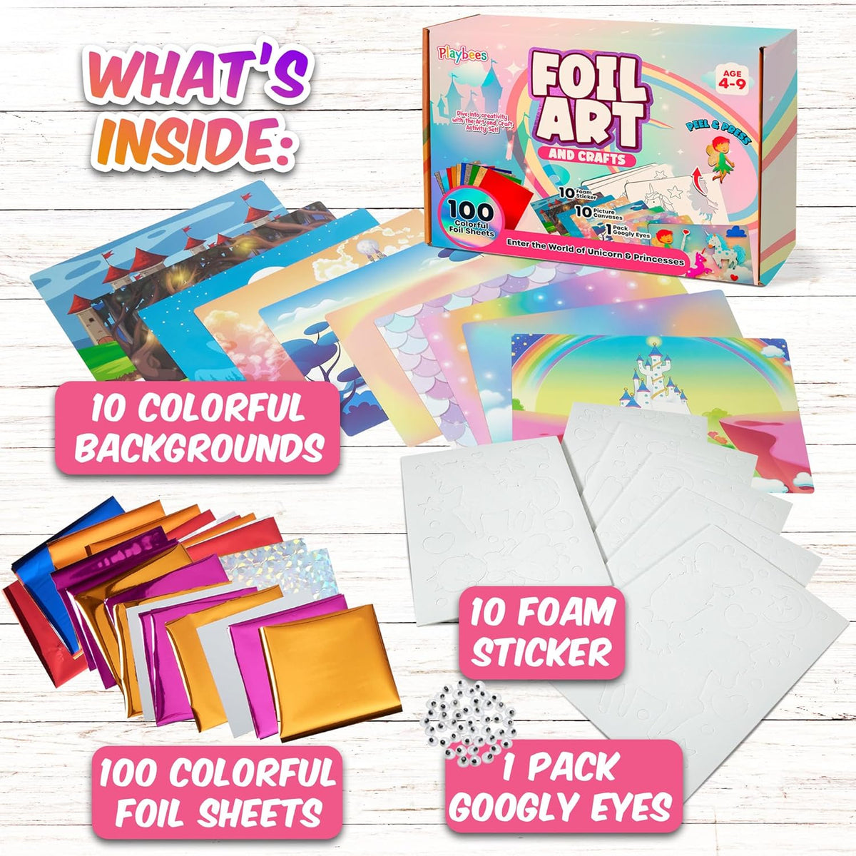 Playbees Foil Art Kit Unicorns & Princesses - Preschool Arts and Crafts Kit for Kids- No Mess Art for Boys & Girls Ages 4, 5, 6, 7, 8, 9 - DIY Creative Activity Art & Craft Activity