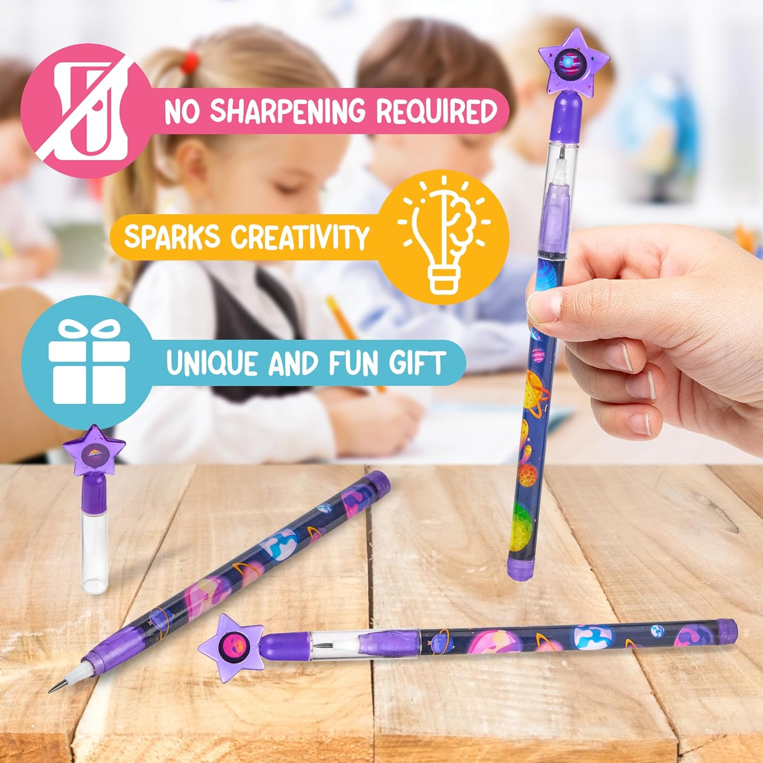 Playbees Outer Space Pop Pencils - 24 Pack - Multipoint Pencil NASA Birthday Party Stackable Pre-Sharpened Classroom Writing Tools for Students, Teachers, Girls, Boys