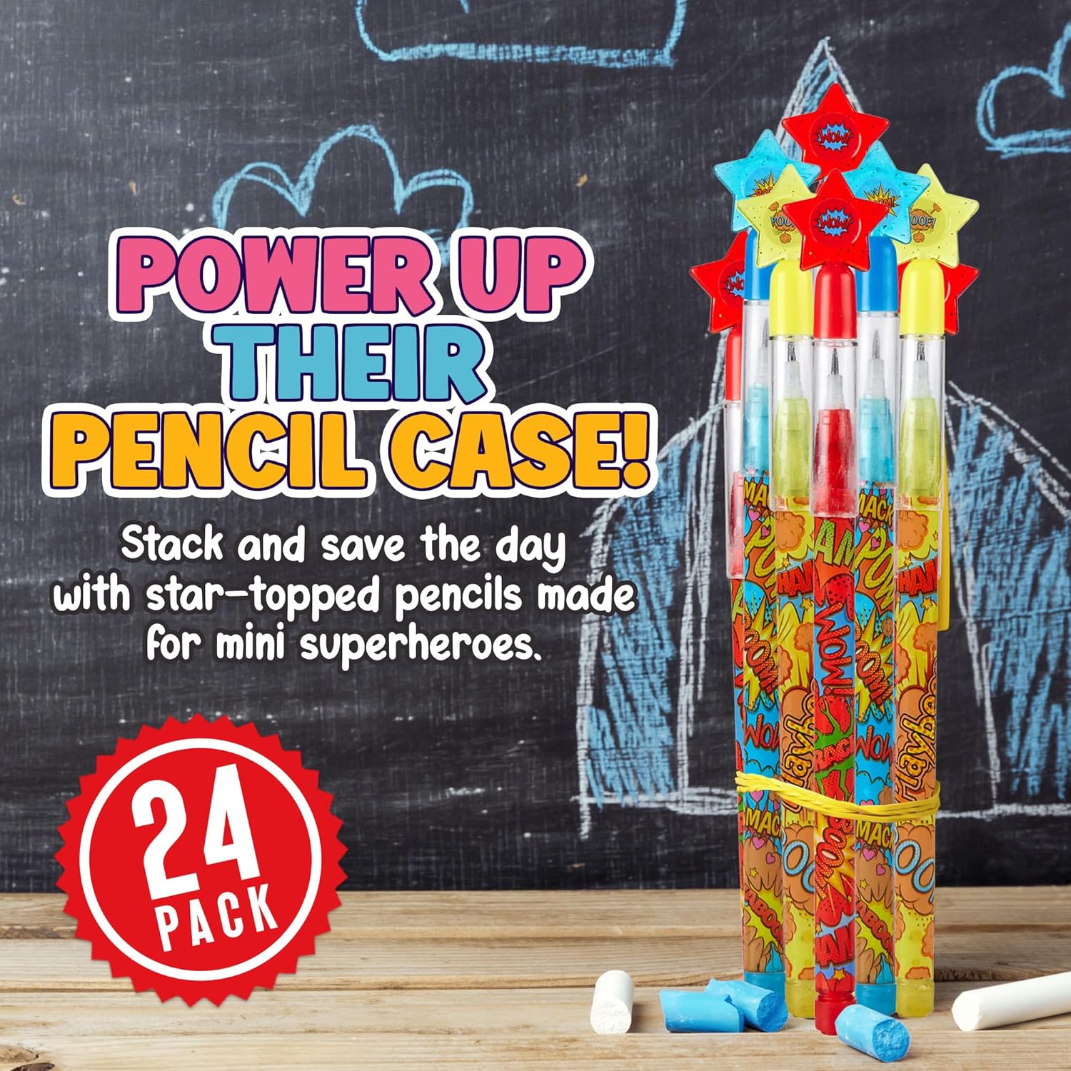 Playbees Superhero Pop Pencils - 24 Pack - Multipoint Pencil Marvel Birthday Party Stackable Pre-Sharpened Classroom Writing Tools for Students, Teachers, Girls, Boys