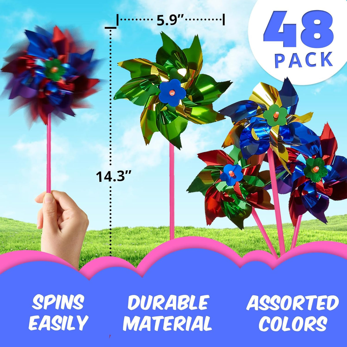 Playbees Plastic Rainbow Windmill 48 DIY Pinwheel for Kids Lawn Windmill Set for Teenagers Colorful Garden Wind Spinners Deterrent to Scare Birds Away from Yard Bird Devices Assorted Colors