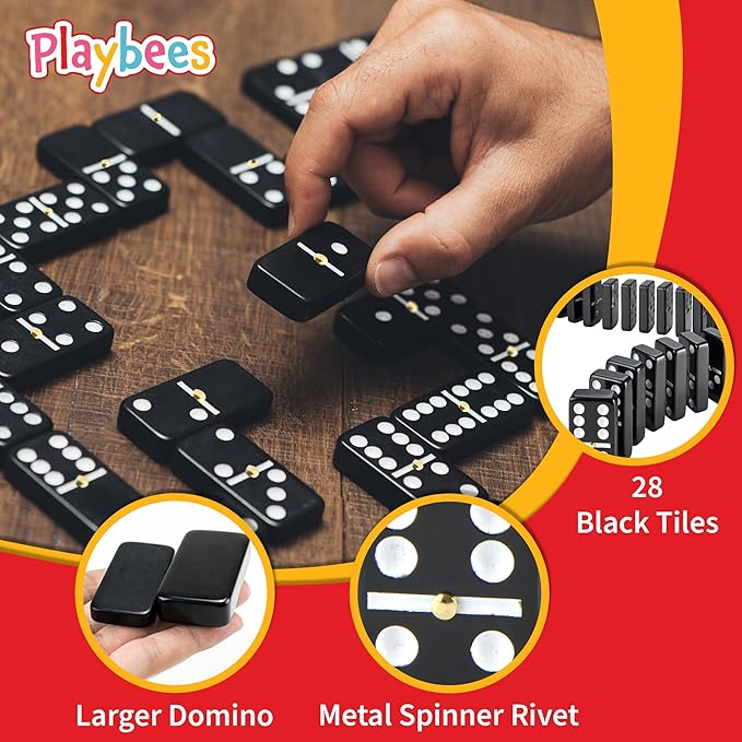 Playbees Jumbo Double Six Dominoes Set - 28 Black Classic Tiles in Faux Leather Case - Fun Educational Toy for Kids, Boys, Girls, Classroom Kit, Classic Game Night Party Favors Set, Travel-Friendly