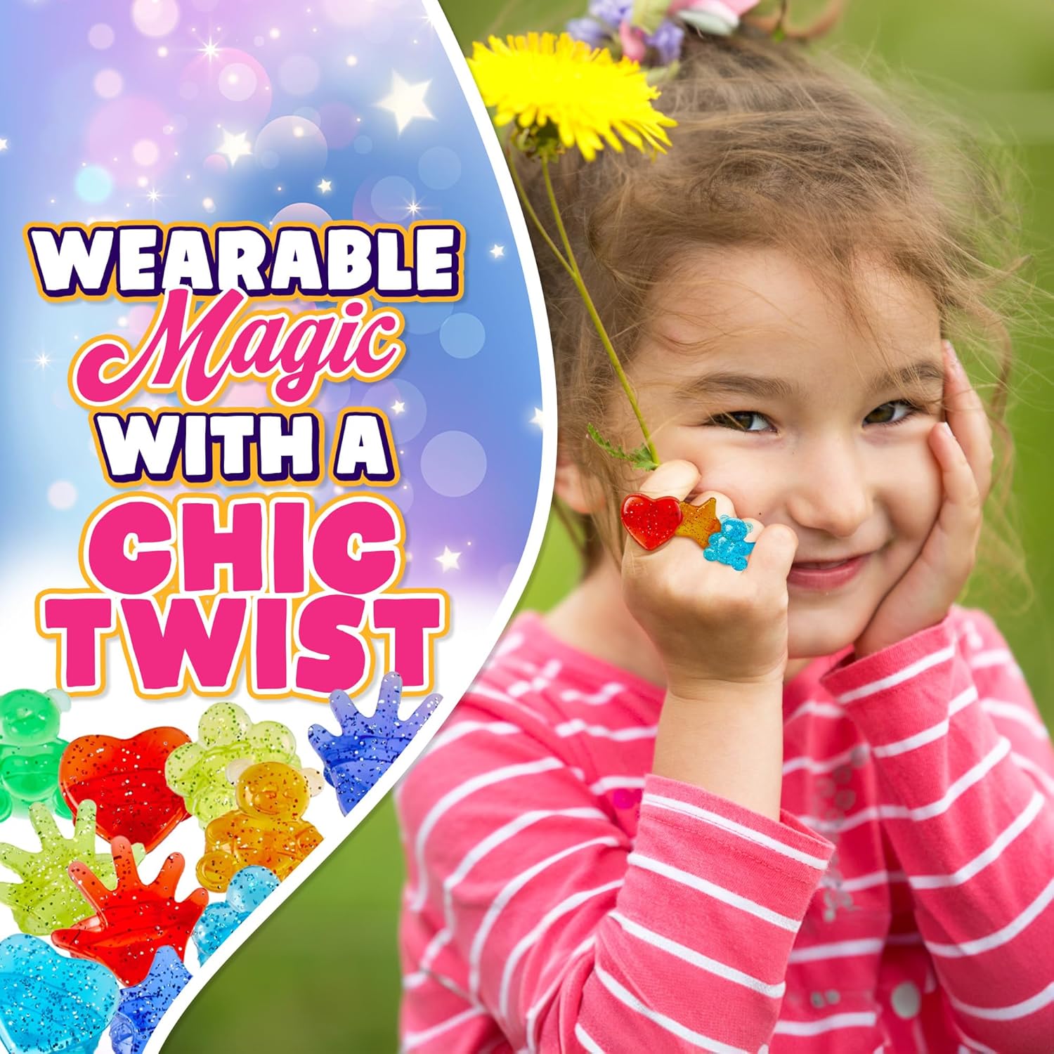 Playbees Colorful Plastic Glitter Toy Rings - 144 Pack- Assorted Hearts, Bears, Stars, Hands & Flowers - Perfect Party Favors, Cake Toppers, Goody Bags, Piñatas, Arts, Crafts