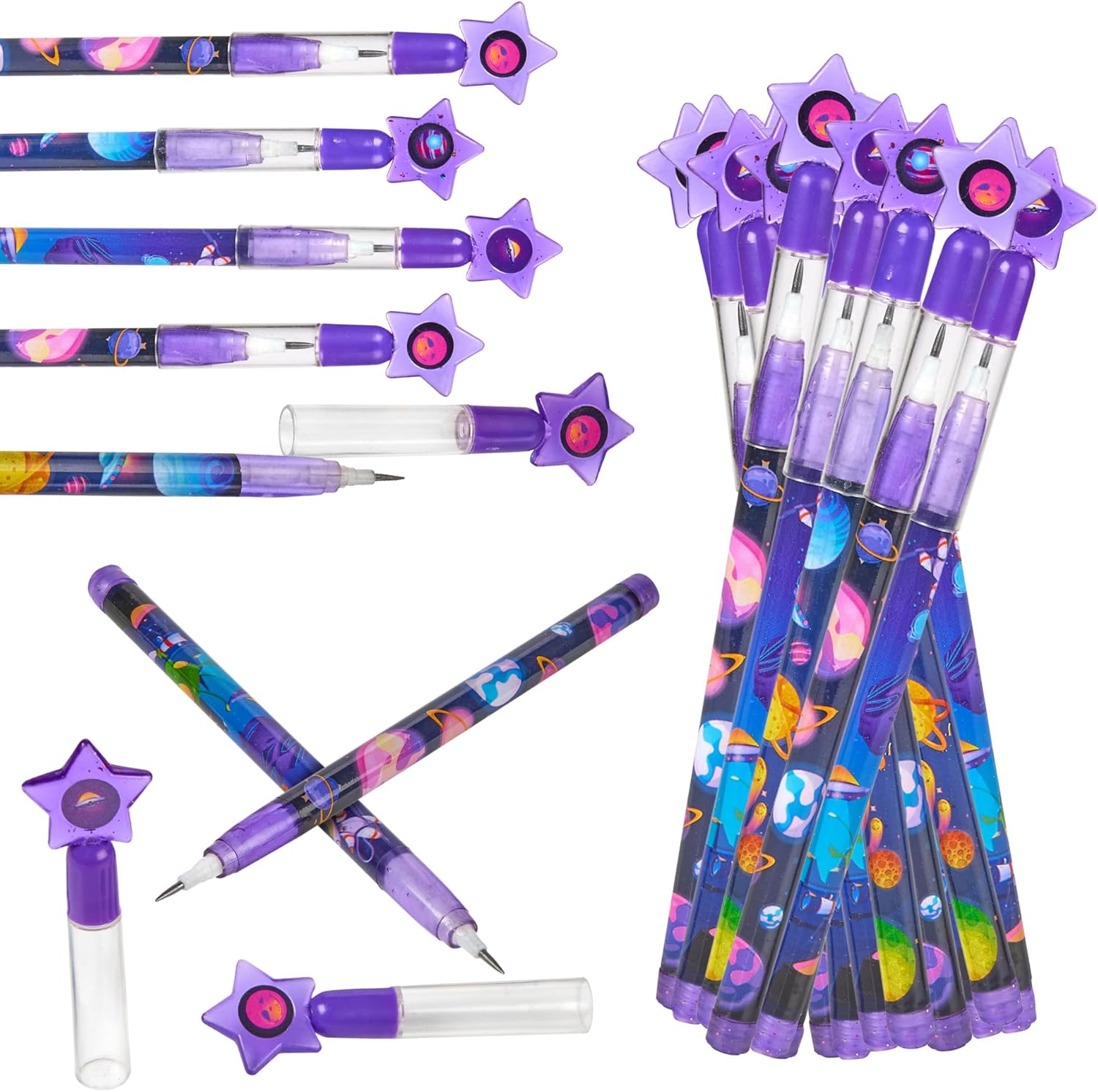 Playbees Outer Space Pop Pencils - 24 Pack - Multipoint Pencil NASA Birthday Party Stackable Pre-Sharpened Classroom Writing Tools for Students, Teachers, Girls, Boys