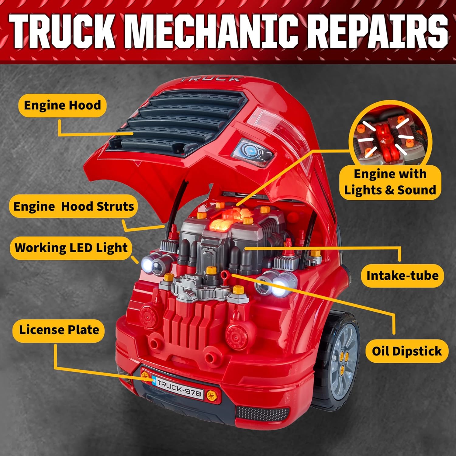 Playbees Large Red Truck Engine Repair Toy – Kids Mechanic Repair Set with Tools, Lights & Sounds – Interactive Take-Apart Engine Builder Truck, Great (Copy)