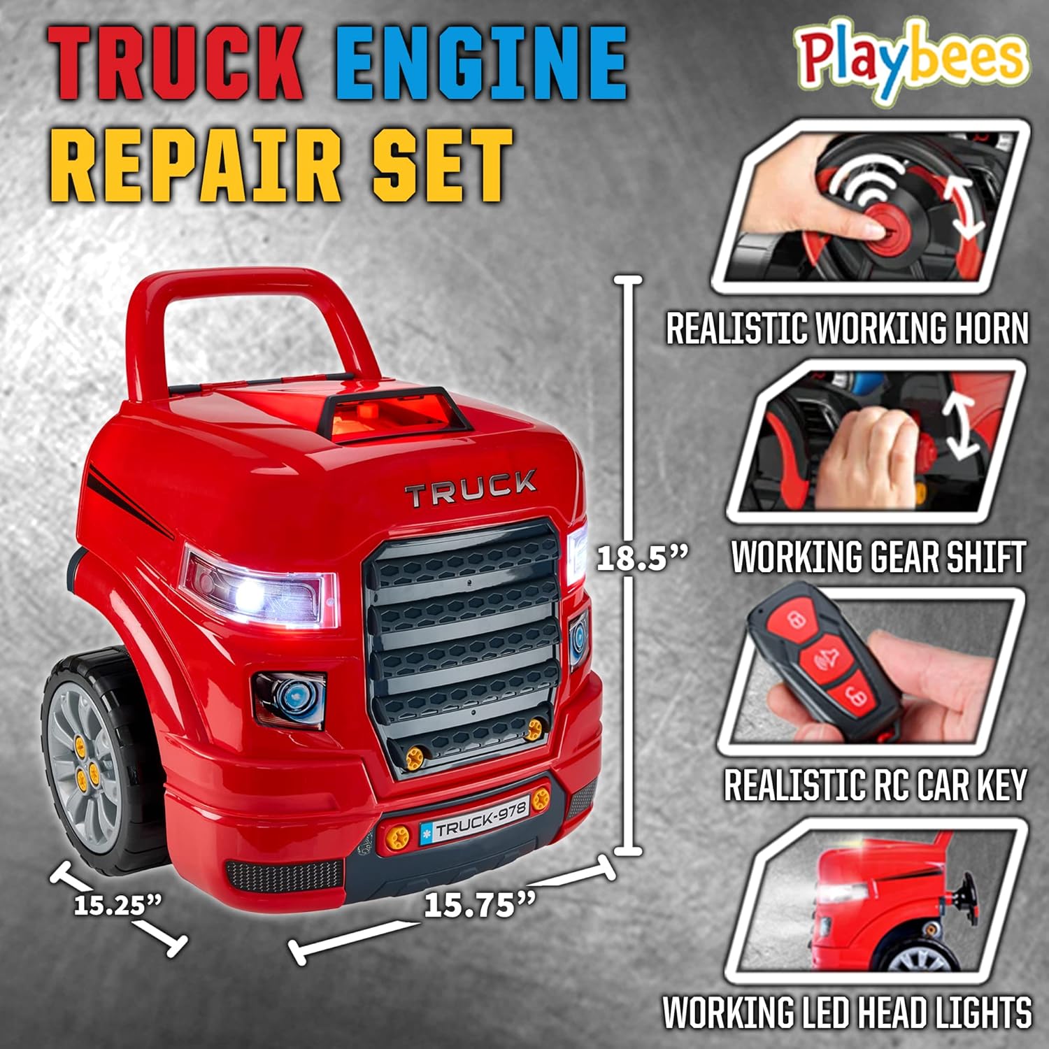 Playbees Large Red Truck Engine Repair Toy – Kids Mechanic Repair Set with Tools, Lights & Sounds – Interactive Take-Apart Engine Builder Truck, Great (Copy)