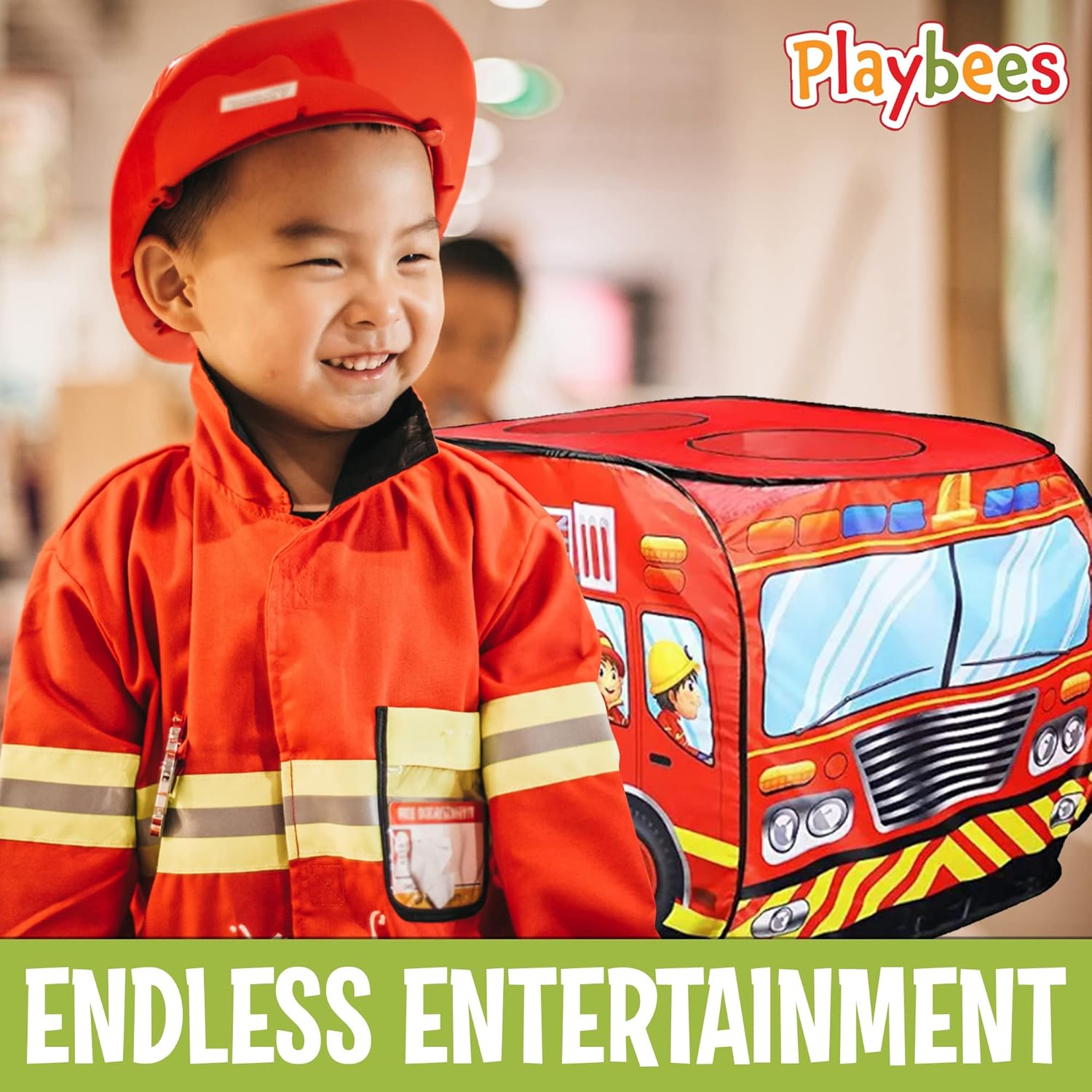 Playbees Musical Fire Truck Pop Up Play Tent with 3 Openings - Role Play Firefighter Tent - Sirens & Fireman Sounds - Indoor Outdoor