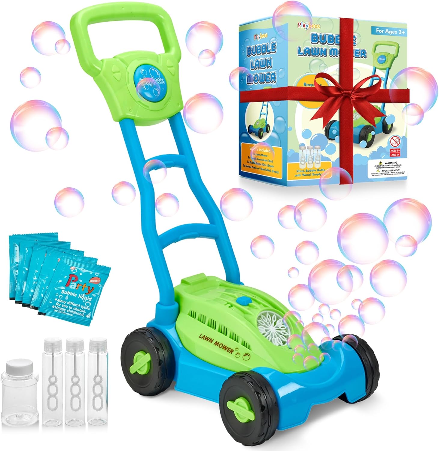 Blue/Green Playbees Bubble Lawn Mower for Toddlers1-3 Great boy Kids Push Summer Outside Garden Toy with Bubbles Amazing Toy for Summer Great Gift idea for Birthday or Preschool & Summer Gift