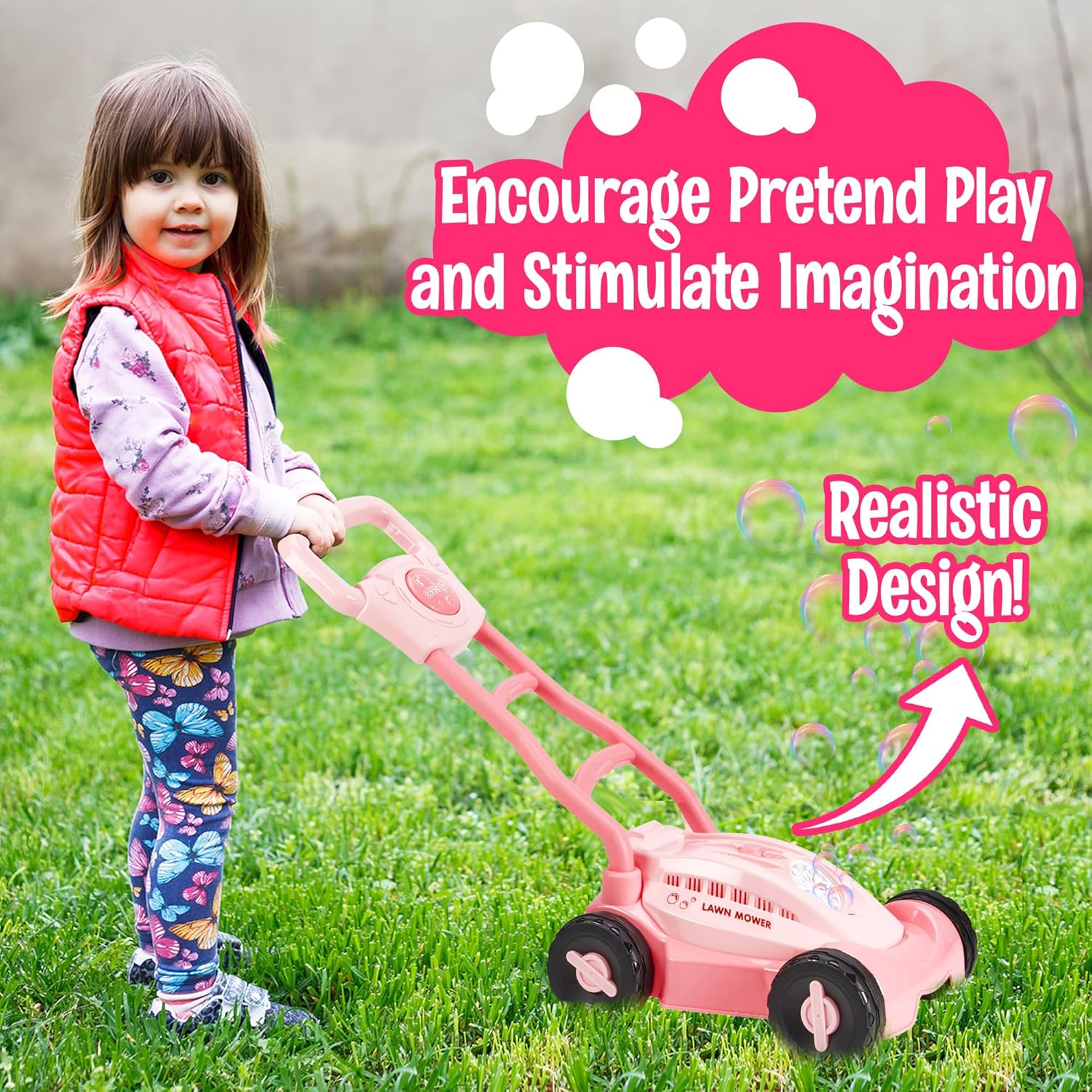 Pink Playbees Bubble Lawn Mower for Toddlers1-3 Great Girl Kids Push Summer Outside Garden Toy with Bubbles Amazing Toy for Summer Great Gift idea for Birthday or Preschool & Summer Gift