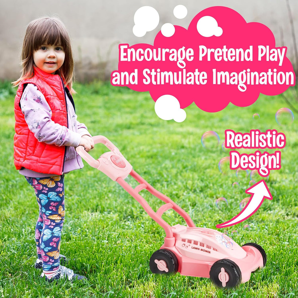 Pink Playbees Bubble Lawn Mower for Toddlers1-3 Great Girl Kids Push Summer Outside Garden Toy with Bubbles Amazing Toy for Summer Great Gift idea for Birthday or Preschool & Summer Gift