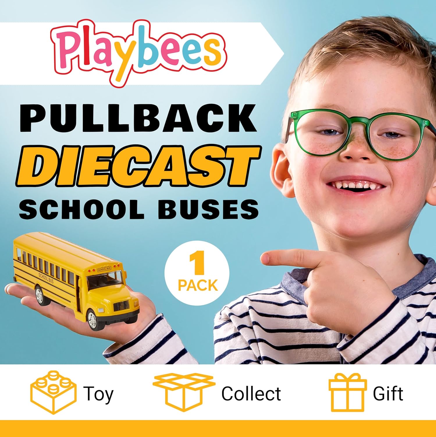 Playbees Long-Nose School Bus Die Cast Metal Model Toy Car 6 Inches with Pullback Action Durable Pull Back Car Door Opening & Closing Realistic School Bus - Great for Gifts, Birthdays, Boys & Girls