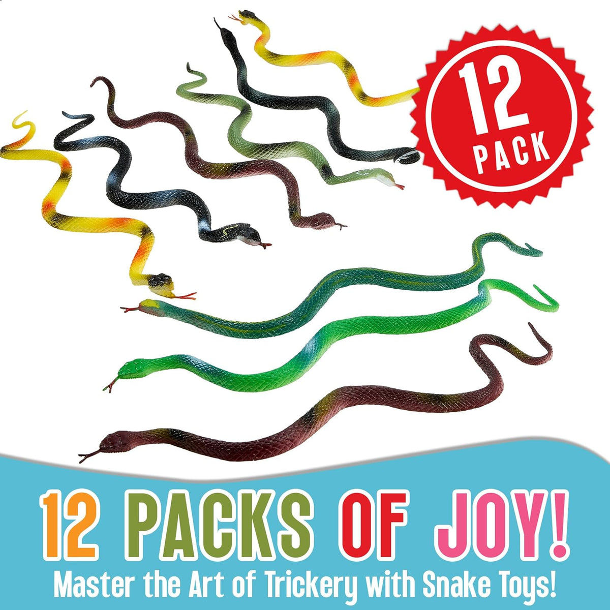 Playbees Rubber Toy Snakes - 12-Pack - 14 Inches - Assorted Lifelike Fake Plastic Toy Snake, Realistic Serpents for Kids, Events, and Gags, Flexible and Float to Prank Friends and Family