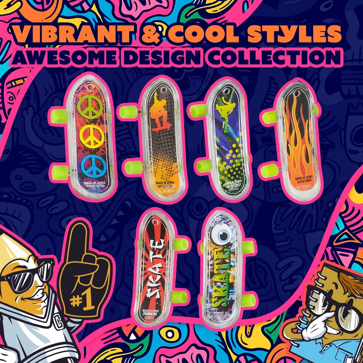 144 Pack Mini Finger Skateboards – Bulk Mini Plastic Skateboards for Kids, Neon Wheels & Cool Designs, Fingerboard Toys for Party Favors, Goodie Bag Stuffers, Carnival Prizes & Classroom Rewards