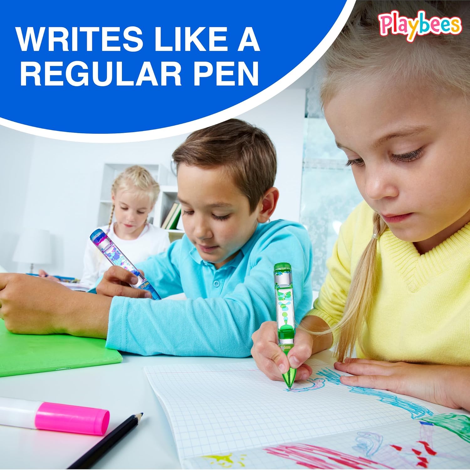 Playbees Liquid Motion Bubbler Pens Cool Pens for Kids (3 Pack) - Writes Like a Regular Pen - Colorful Liquid Timer Pens Great for Stress and Anxiety Relief - Cool Fidget Toys for Kids and Adults