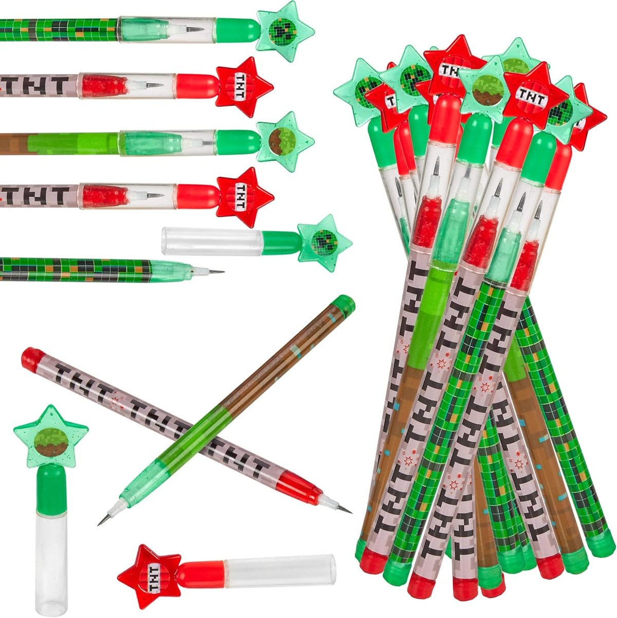Playbees Pixel Miner Pop Pencils - 24 Pack - Translucent Multipoint Pencil Video Game Birthday Party Stackable Pre-Sharpened Classroom for Students, Teachers, Girls, Boys
