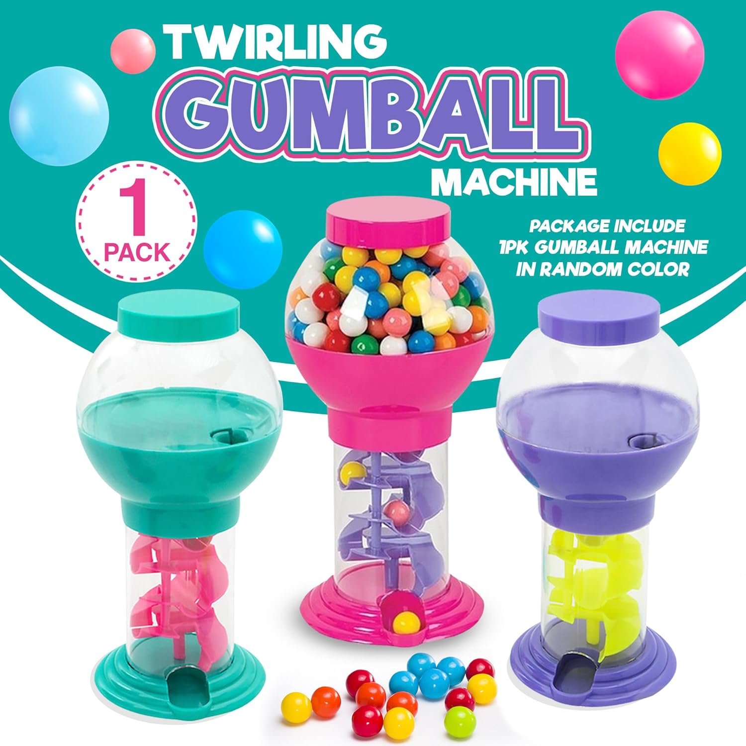 Playbees 10-Inch Candy Dispenser – Gumball Machine with Twist Release – Color Varies Green Purple or Pink – Retro Candy Holder for Home, Office & Party Use