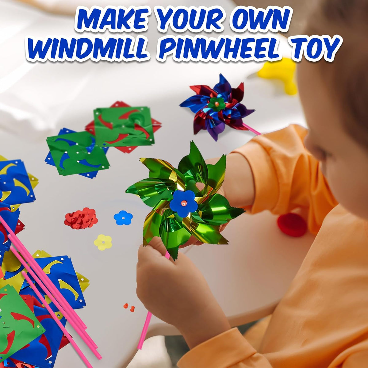 Playbees Plastic Rainbow Windmill 48 DIY Pinwheel for Kids Lawn Windmill Set for Teenagers Colorful Garden Wind Spinners Deterrent to Scare Birds Away from Yard Bird Devices Assorted Colors
