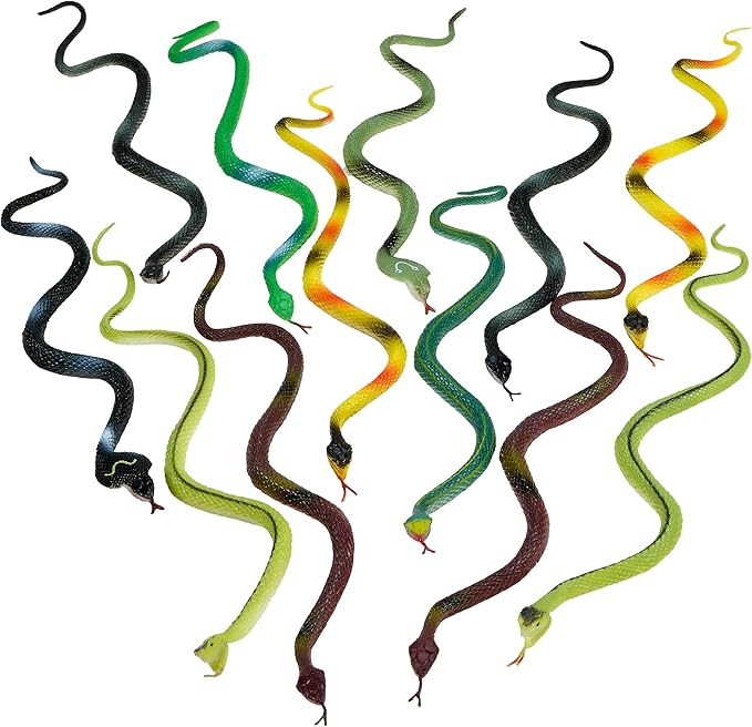 Playbees Rubber Toy Snakes - 12-Pack - 14 Inches - Assorted Lifelike Fake Plastic Toy Snake, Realistic Serpents for Kids, Events, and Gags, Flexible and Float to Prank Friends and Family