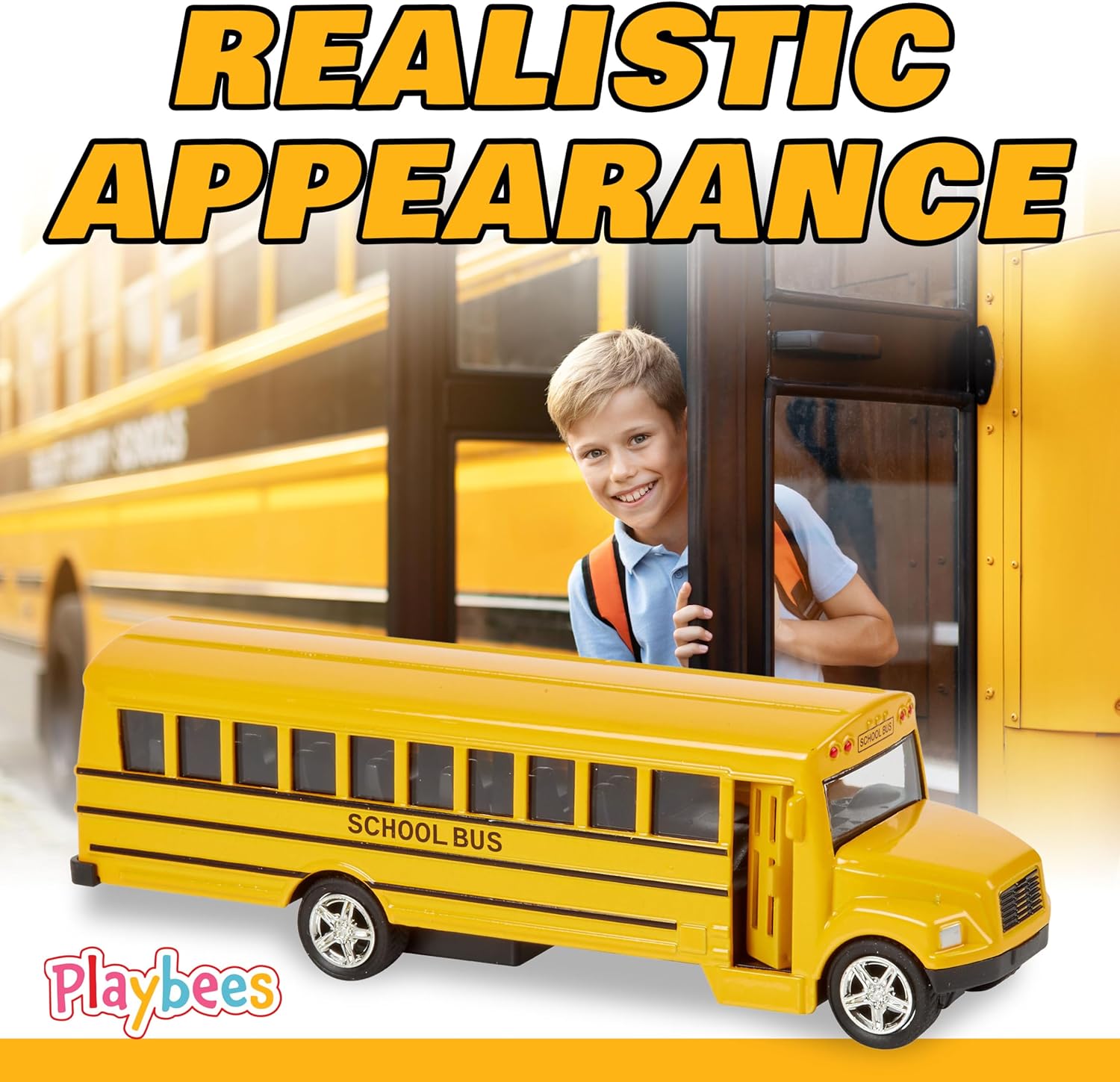 Playbees Long-Nose School Bus Die Cast Metal Model Toy Car 6 Inches with Pullback Action Durable Pull Back Car Door Opening & Closing Realistic School Bus - Great for Gifts, Birthdays, Boys & Girls