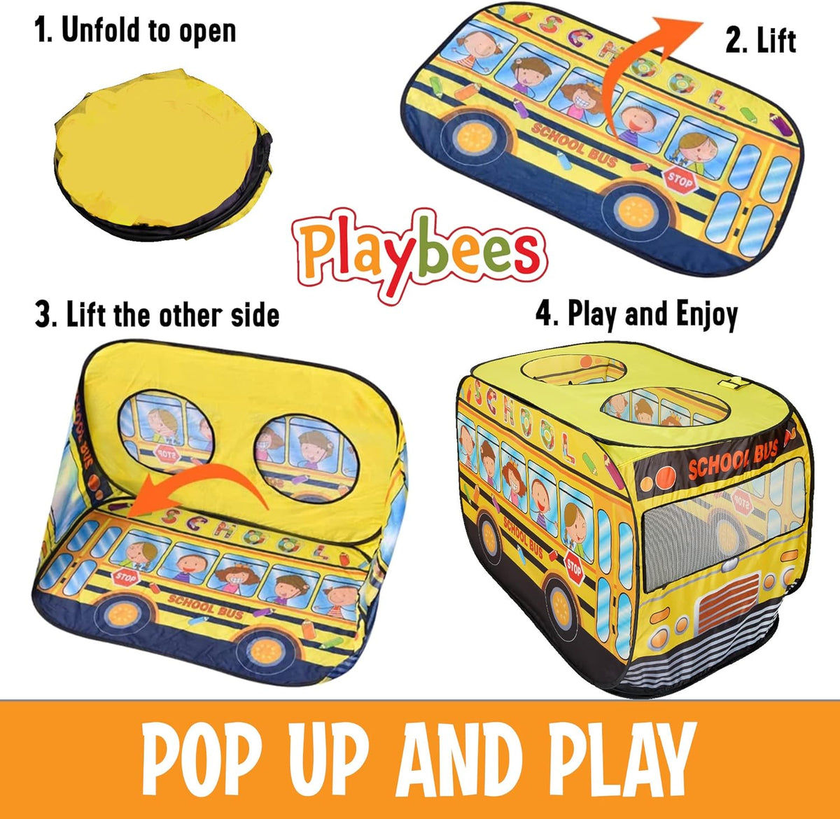 Playbees Musical School Bus Pop Up Play Tent with 3 Openings - Tent for Toddlers - Indoor & Outdoor - Pop Up Tents for Kids - Includes Carry Bag and Sound Button- 43.5x28x26.5 Inch