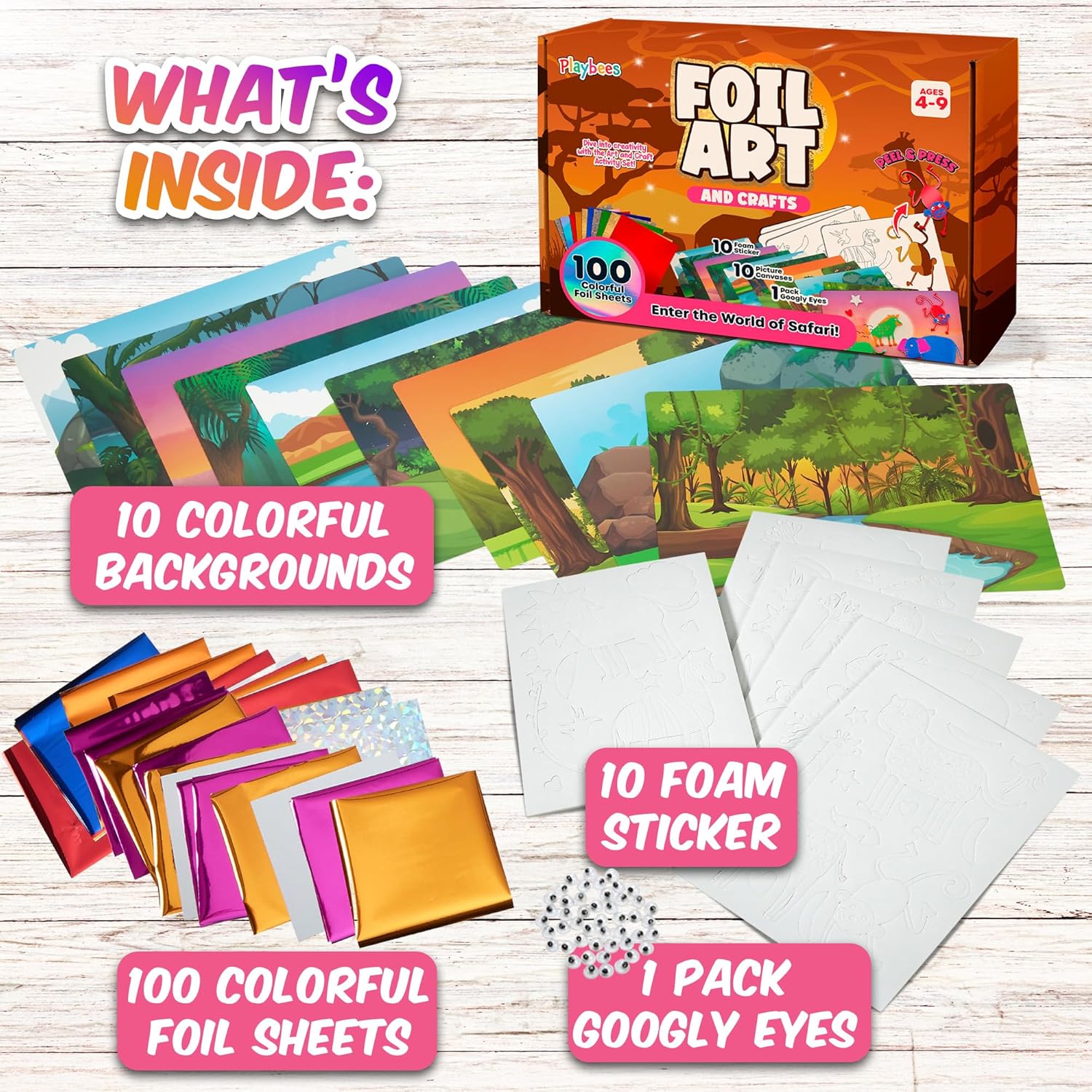 Playbees Foil Art Dinosaurs Arts and Crafts Kit Kids 3-9 DIY No Mess Preschool Activity Self Adhesive Foil Sheets Creative Dinosaur Craft Set Educational Gift Boys Girls