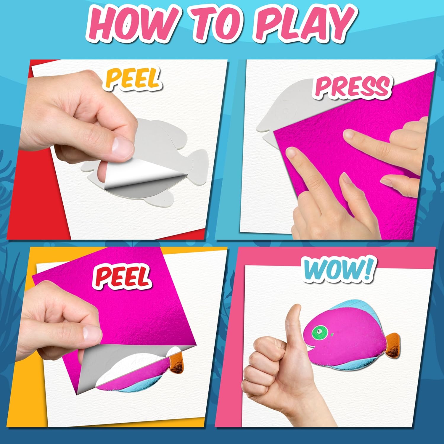 Playbees Press and Peel Foil Kit Sea Animals - Preschool Arts and Crafts Kit for Kids- No Mess Art for Boys & Girls Ages 4, 5, 6, 7, 8, 9 Years Old - DIY Creative Activity - Art & Craft Activity